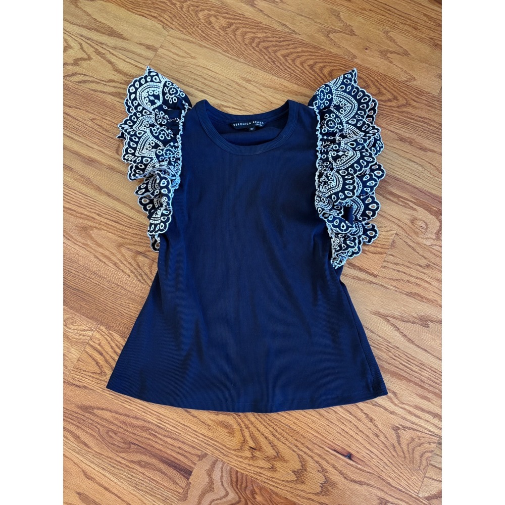 Veronica‎ Beard Navy Ribbed Knit Top White Eyelet Lace Flutter Sleeve Tank Small - Picture 3 of 8